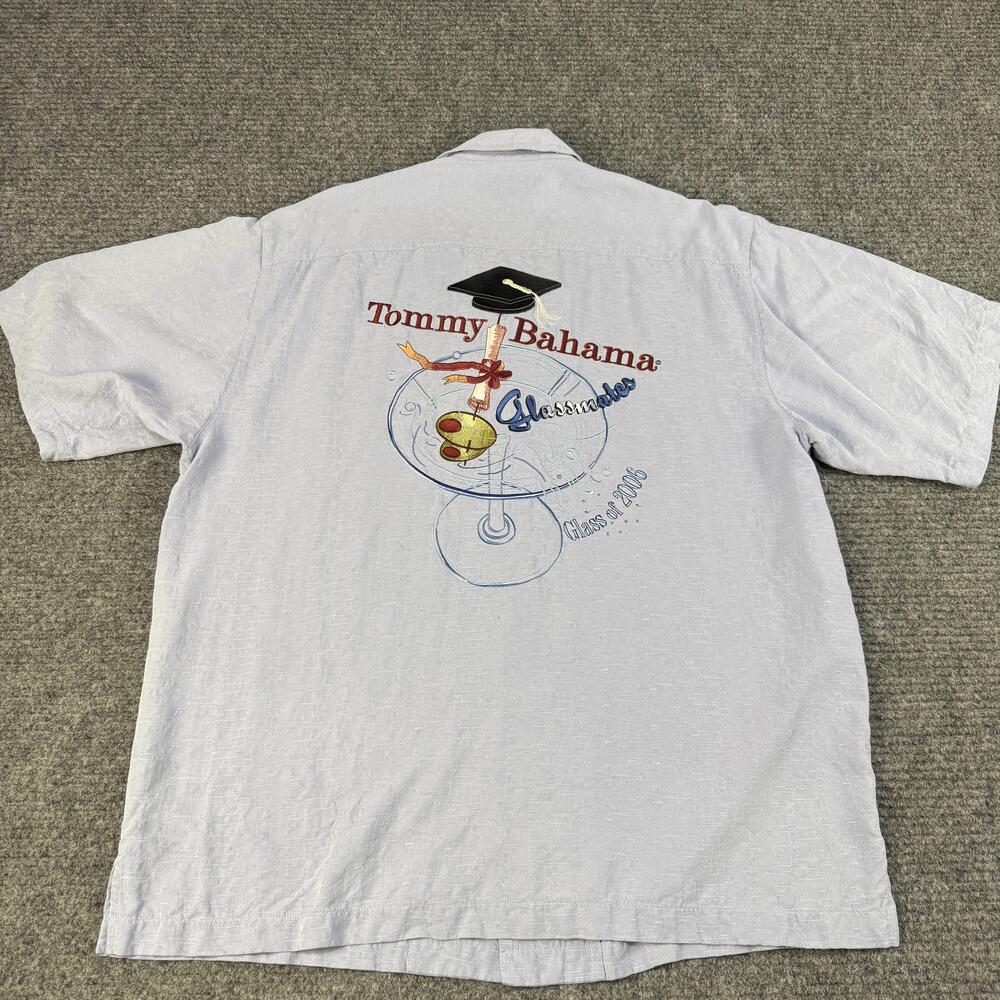 Tommy Bahama Shirt Mens Large Light Blue Silk Camp Hawaiian Glassmates Graphic